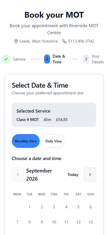 The same booking page on a phone
