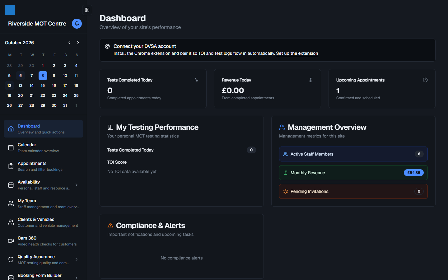 The VTS Expert dashboard in dark mode: today's bookings, lane utilisation and compliance status