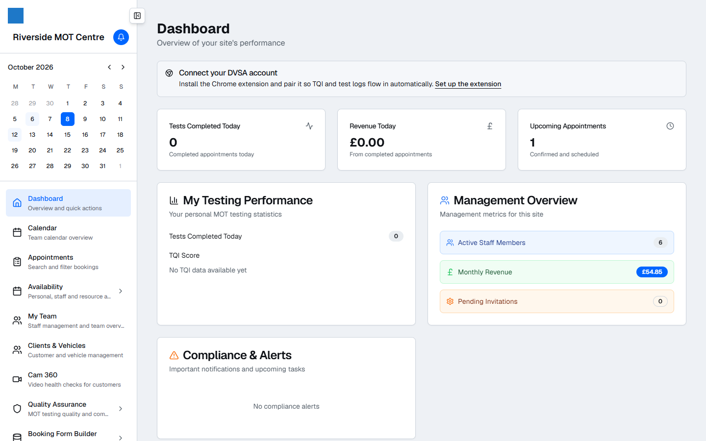 The VTS Expert dashboard: today's bookings, lane utilisation and compliance status