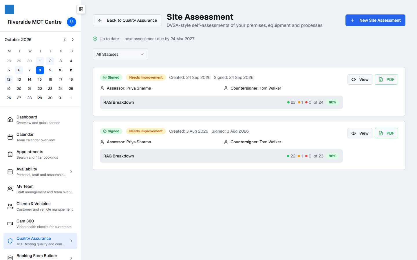 A site assessment in progress: DVSA sections and items with pass, fail and notes